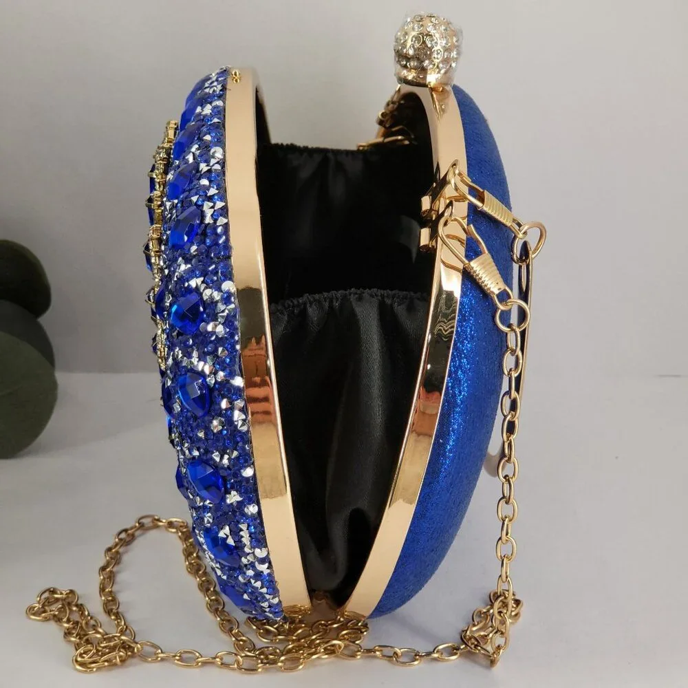 Blue Crystal Embellished Evening Clutch Bag Gold Handle & Chain Strap By RAMLA! - Picture 8 of 11
